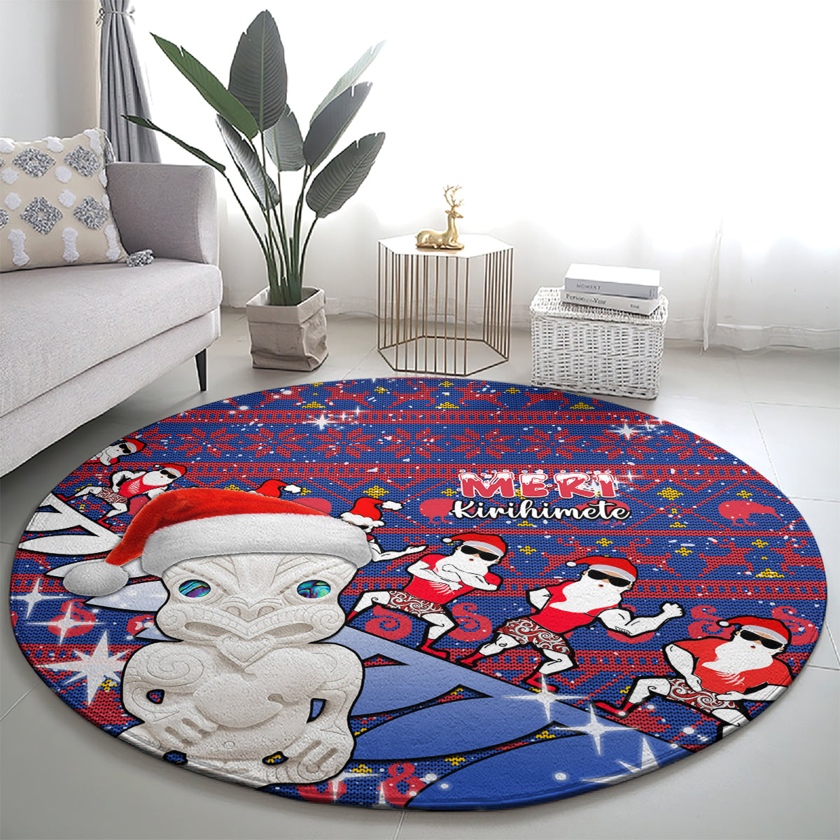 New Zealand Christmas Round Carpet Haka Fern Santa Tiki Meri Kirihimete LT05 - Polynesian Pride
