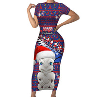 Personalized New Zealand Christmas Short Sleeve Bodycon Dress Haka Fern Santa Tiki Meri Kirihimete LT05 Long Dress Blue - Polynesian Pride