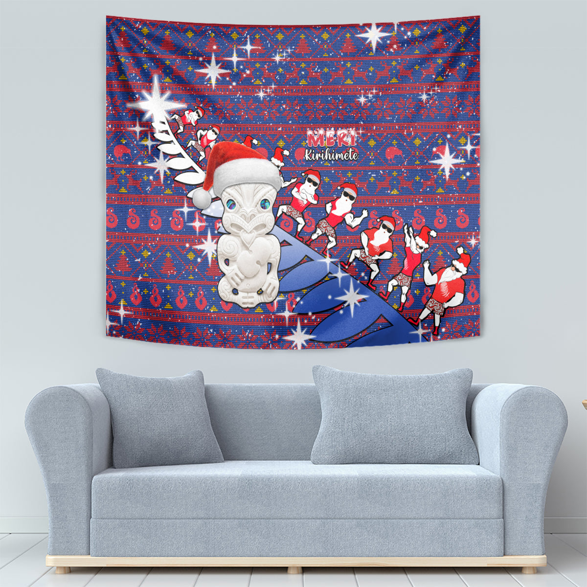 New Zealand Christmas Tapestry Haka Fern Santa Tiki Meri Kirihimete LT05 - Polynesian Pride