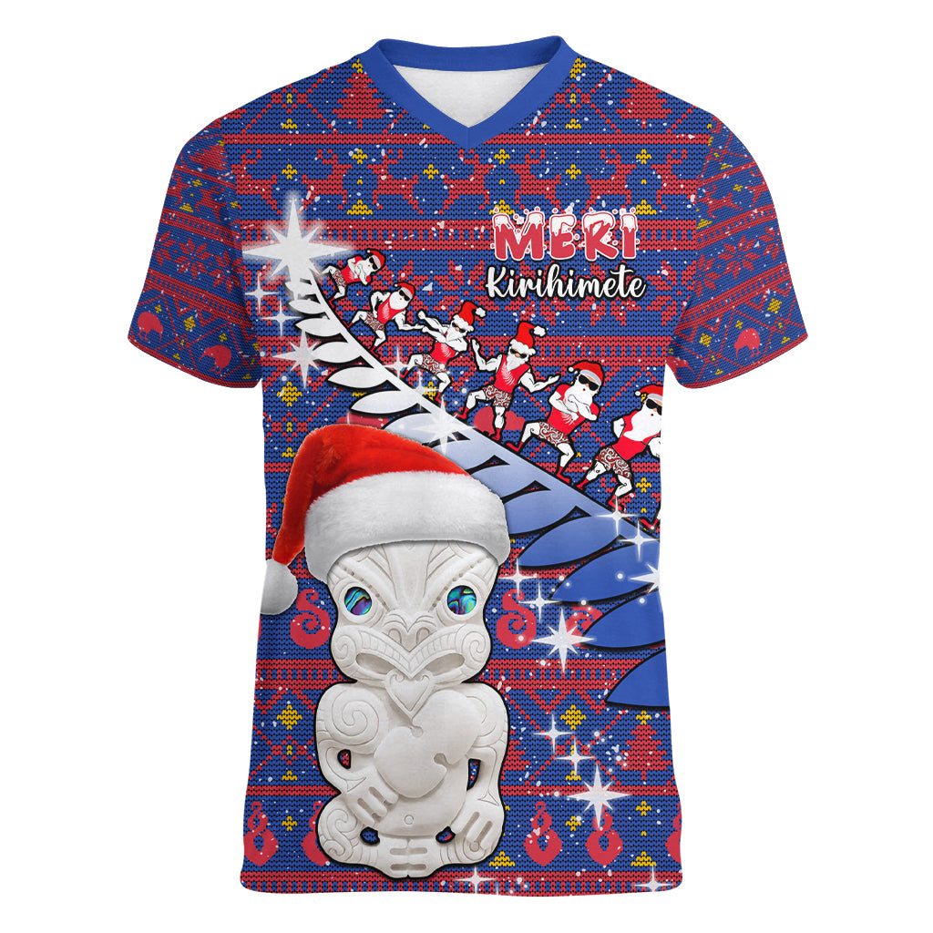 Personalized New Zealand Christmas Women V Neck T Shirt Haka Fern Santa Tiki Meri Kirihimete LT05 Female Blue - Polynesian Pride