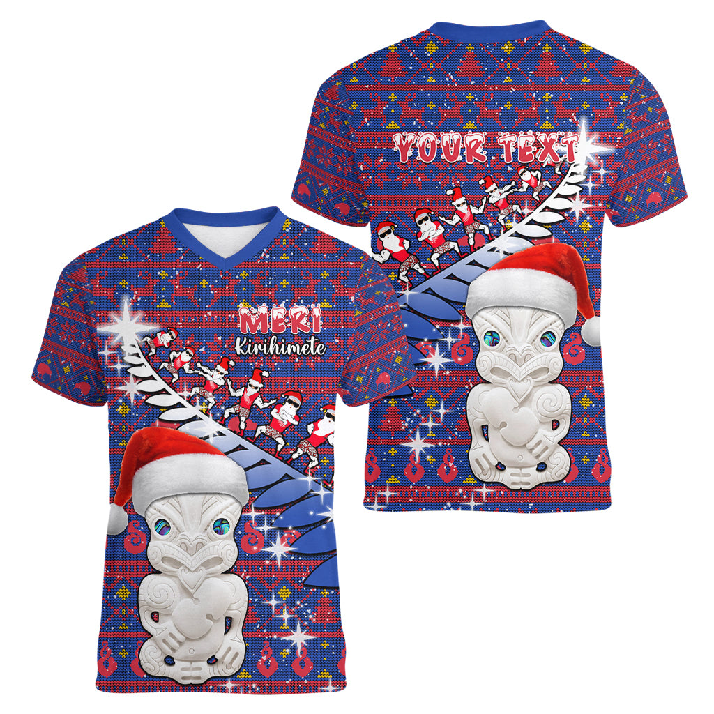 Personalized New Zealand Christmas Women V Neck T Shirt Haka Fern Santa Tiki Meri Kirihimete LT05 - Polynesian Pride