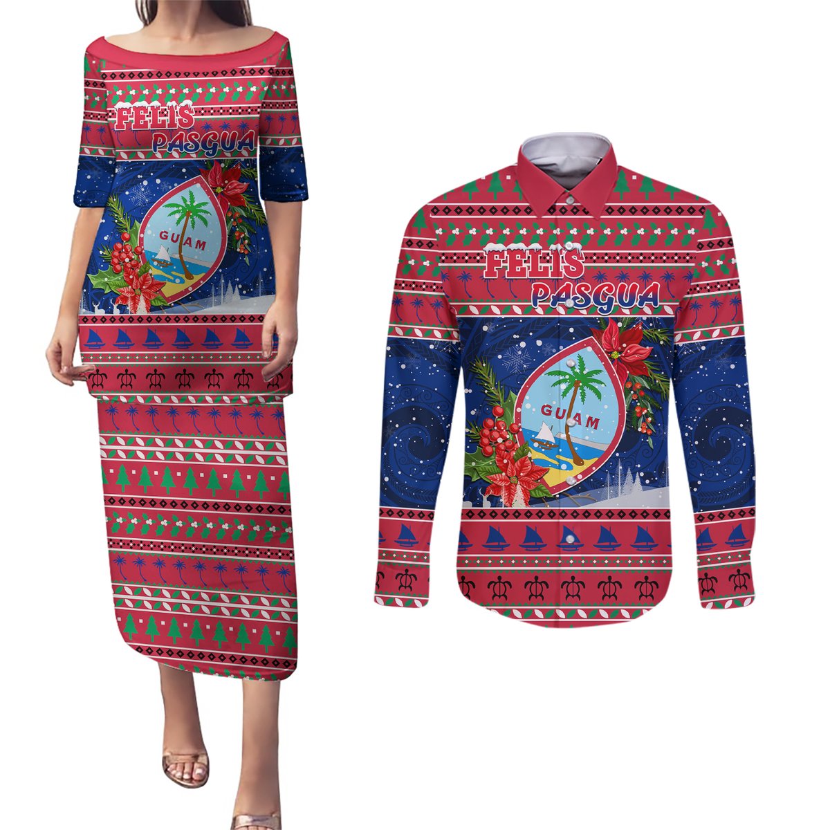 Guam Christmas Couples Matching Puletasi Dress and Long Sleeve Button Shirts Guaman Seal Poinsettia Felis Pasgua LT05 Red - Polynesian Pride