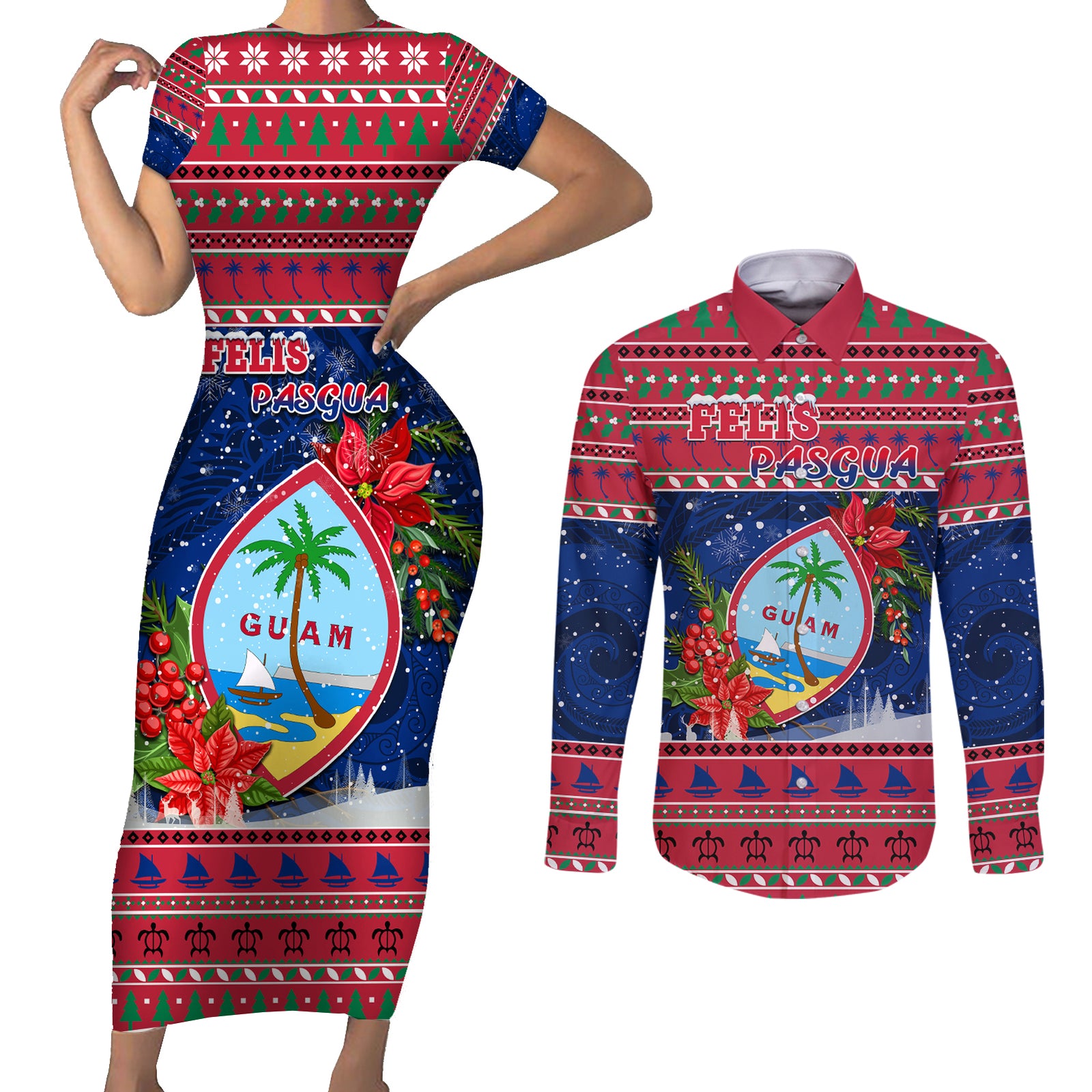 Guam Christmas Couples Matching Short Sleeve Bodycon Dress and Long Sleeve Button Shirts Guaman Seal Poinsettia Felis Pasgua LT05 Red - Polynesian Pride
