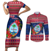 Guam Christmas Couples Matching Short Sleeve Bodycon Dress and Long Sleeve Button Shirts Guaman Seal Poinsettia Felis Pasgua LT05 Red - Polynesian Pride