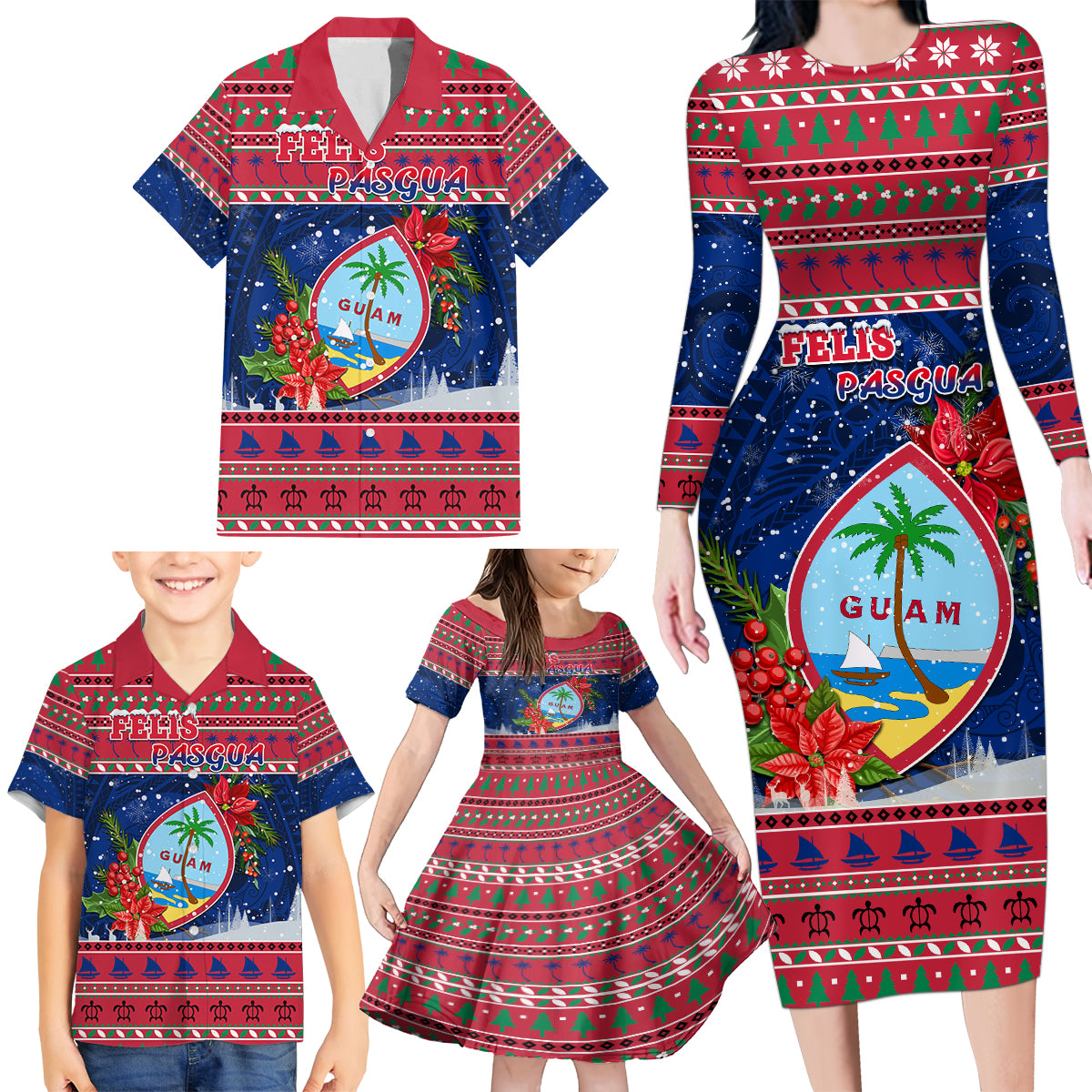 Guam Christmas Family Matching Long Sleeve Bodycon Dress and Hawaiian Shirt Guaman Seal Poinsettia Felis Pasgua LT05 - Polynesian Pride