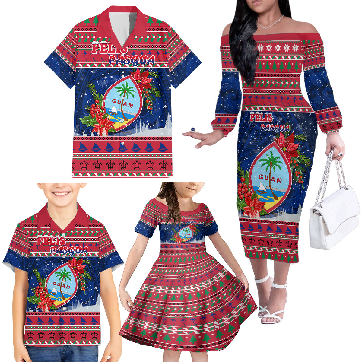 Guam Christmas Family Matching Off Shoulder Long Sleeve Dress and Hawaiian Shirt Guaman Seal Poinsettia Felis Pasgua LT05 - Polynesian Pride