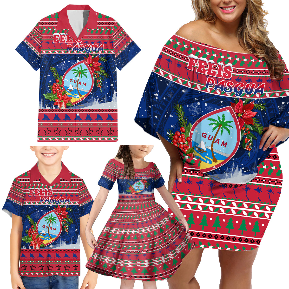 Guam Christmas Family Matching Off Shoulder Short Dress and Hawaiian Shirt Guaman Seal Poinsettia Felis Pasgua LT05 - Polynesian Pride