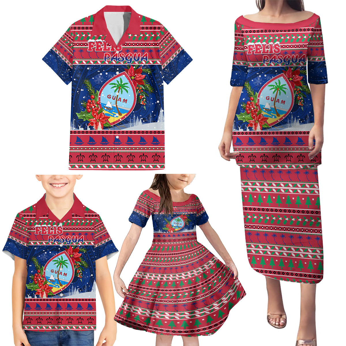 Guam Christmas Family Matching Puletasi Dress and Hawaiian Shirt Guaman Seal Poinsettia Felis Pasgua LT05 - Polynesian Pride