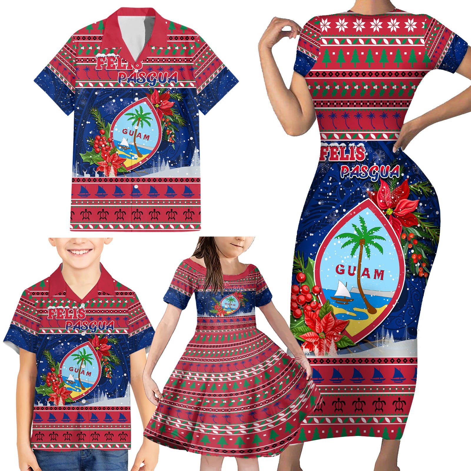 Guam Christmas Family Matching Short Sleeve Bodycon Dress and Hawaiian Shirt Guaman Seal Poinsettia Felis Pasgua LT05 - Polynesian Pride