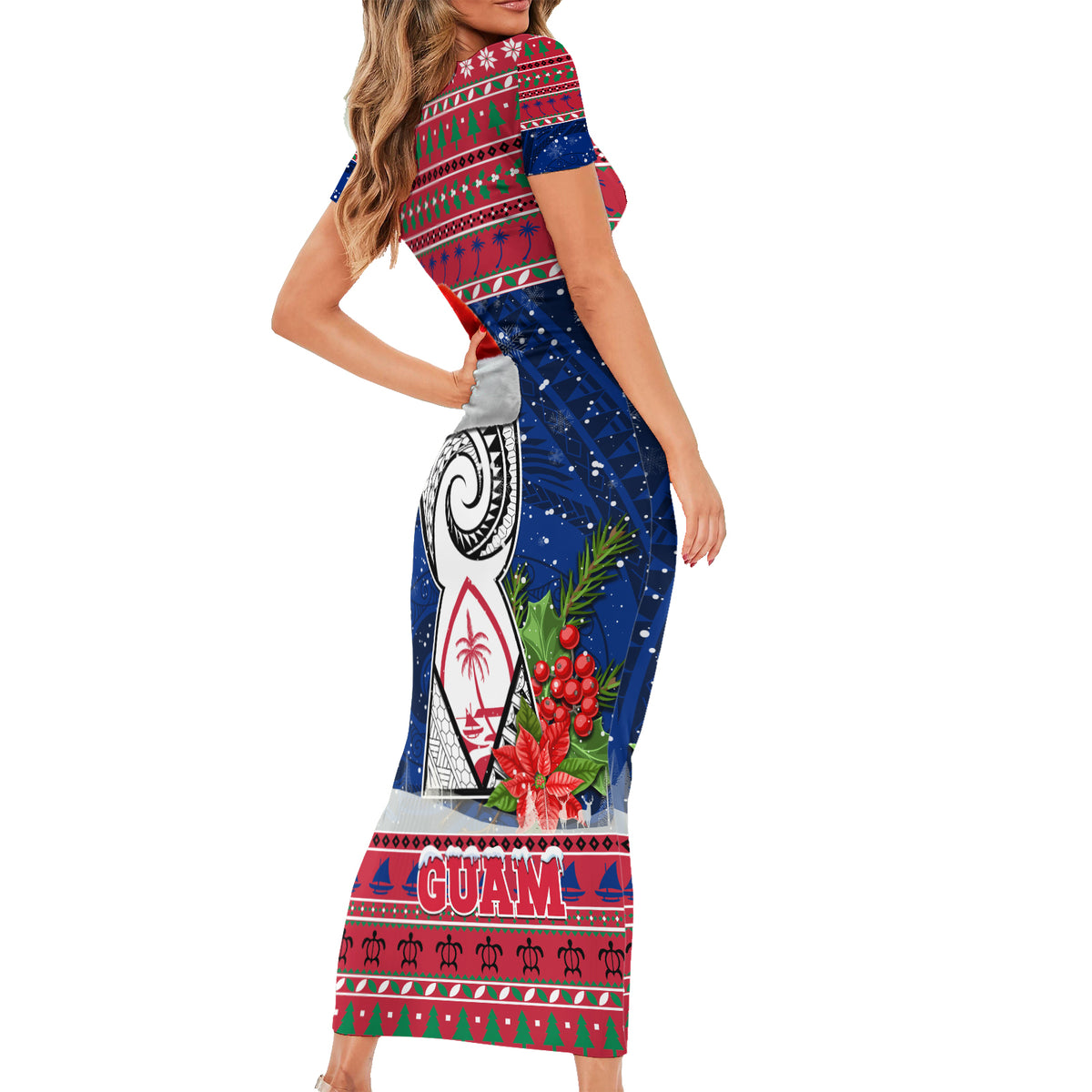 Guam Christmas Family Matching Short Sleeve Bodycon Dress and Hawaiian Shirt Guaman Seal Poinsettia Felis Pasgua LT05 - Polynesian Pride