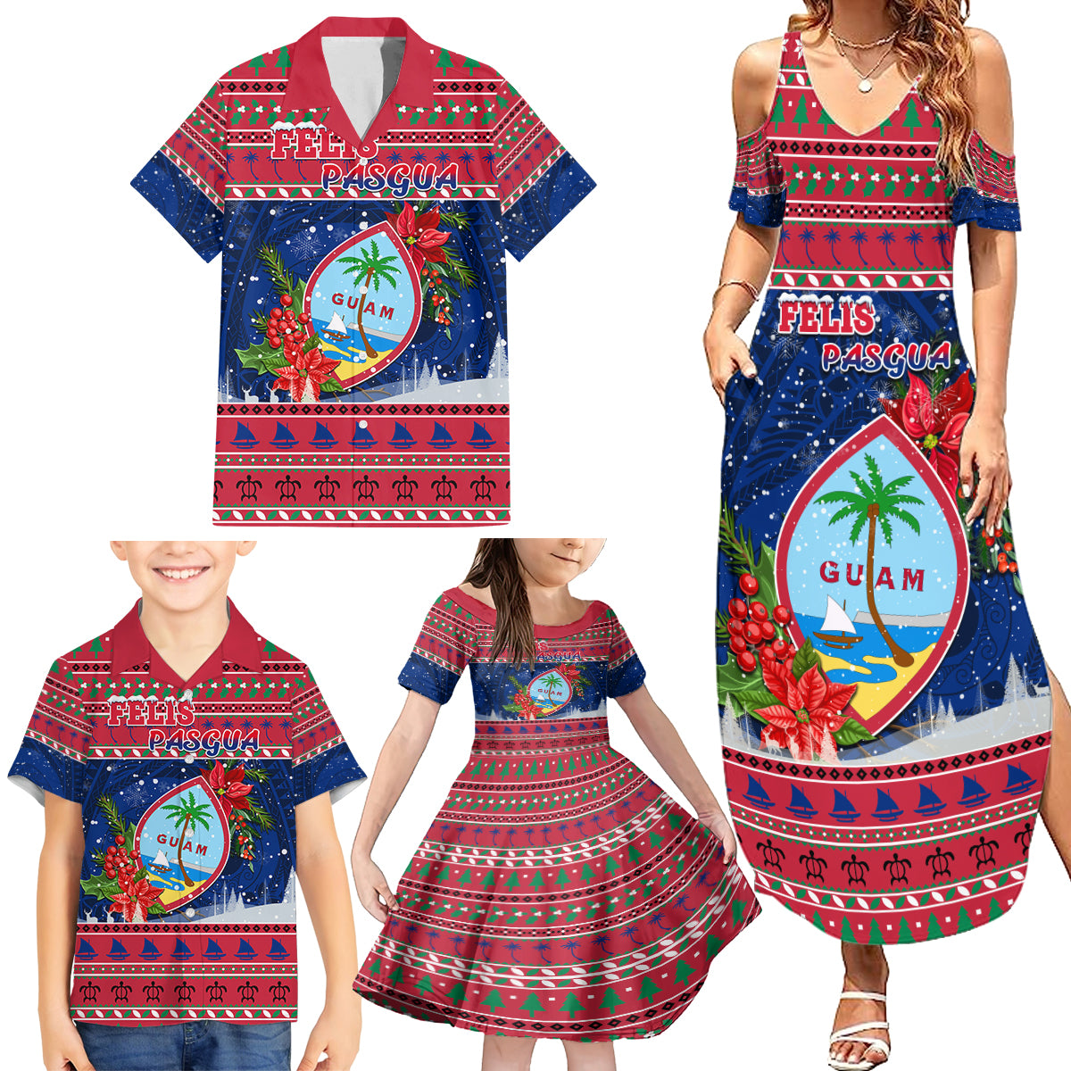 Guam Christmas Family Matching Summer Maxi Dress and Hawaiian Shirt Guaman Seal Poinsettia Felis Pasgua LT05 - Polynesian Pride