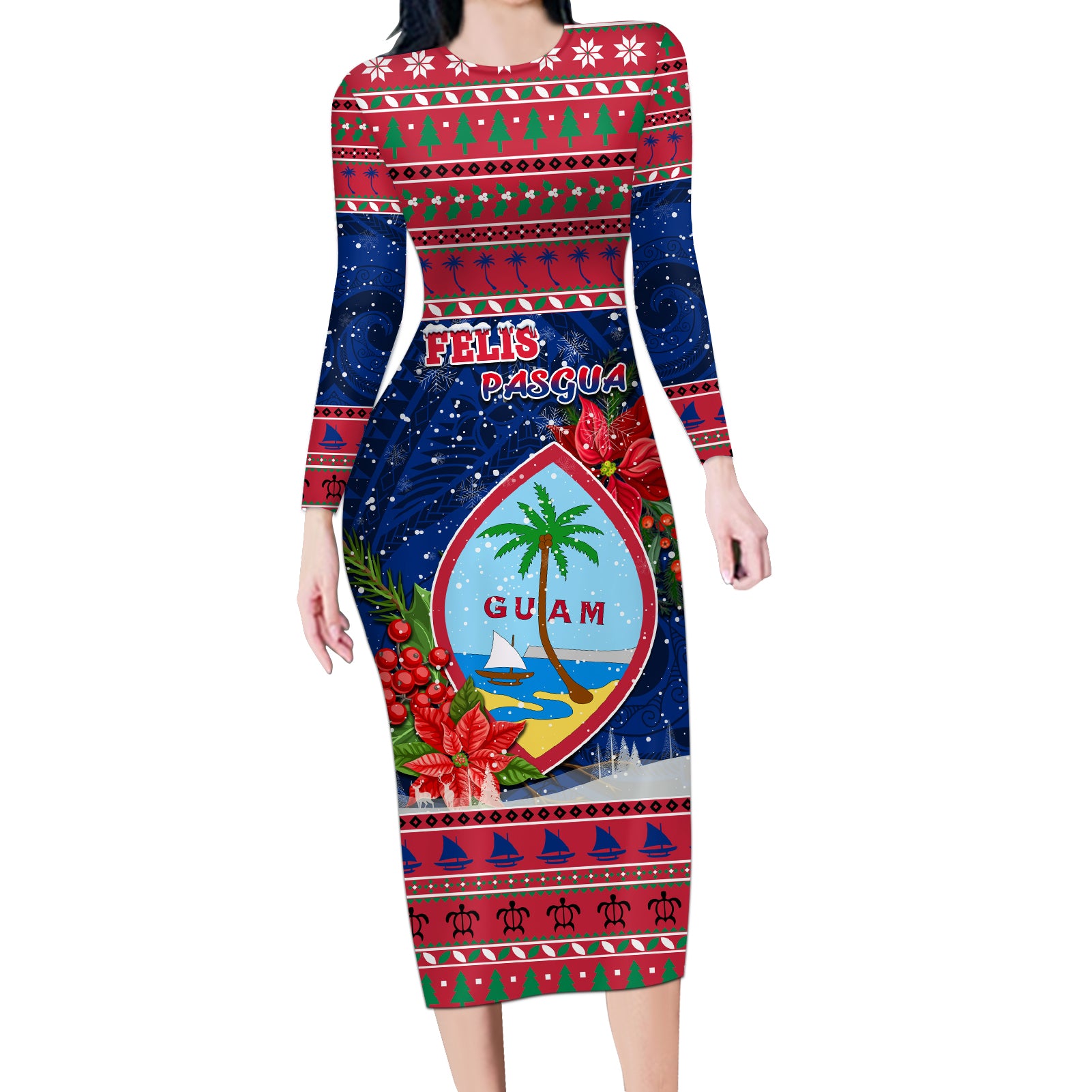 Guam Christmas Long Sleeve Bodycon Dress Guaman Seal Poinsettia Felis Pasgua LT05 Long Dress Red - Polynesian Pride