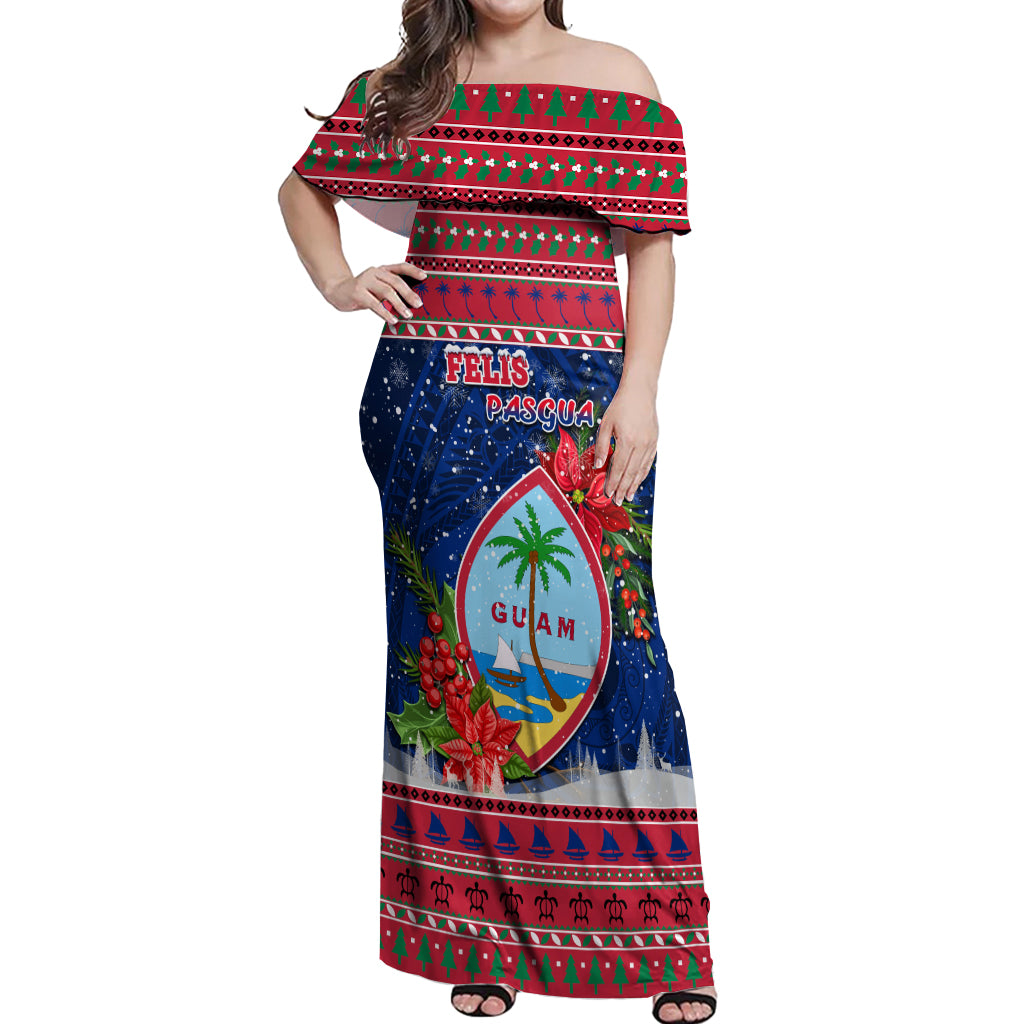 Guam Christmas Off Shoulder Maxi Dress Guaman Seal Poinsettia Felis Pasgua LT05 Women Red - Polynesian Pride