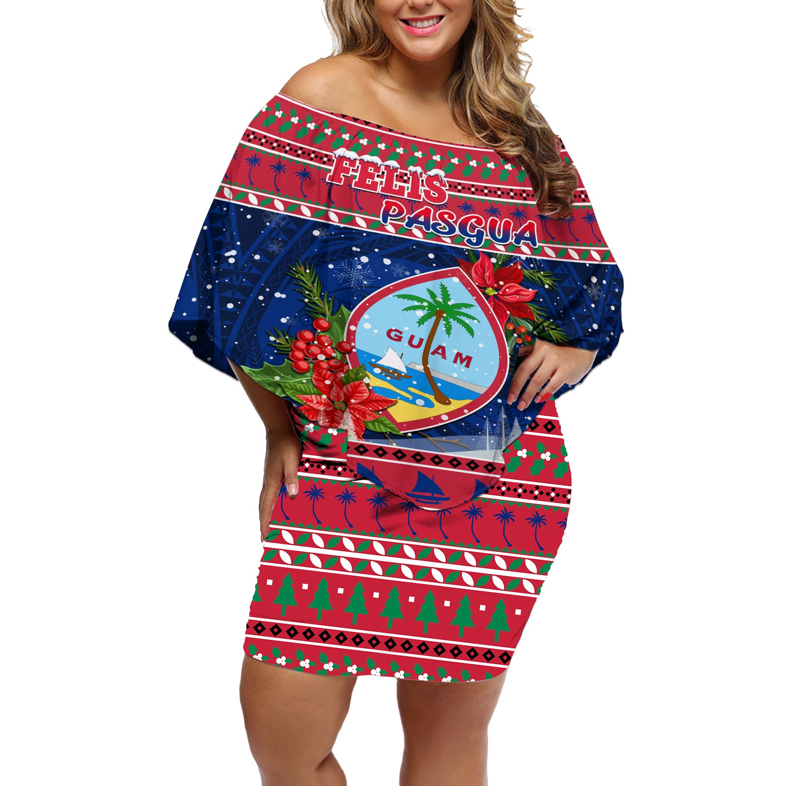 Guam Christmas Off Shoulder Short Dress Guaman Seal Poinsettia Felis Pasgua LT05 Women Red - Polynesian Pride