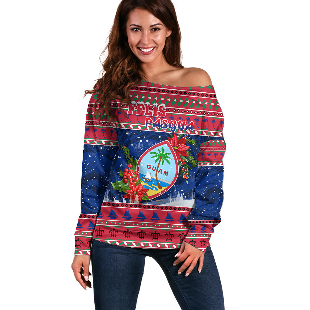 Guam Christmas Off Shoulder Sweater Guaman Seal Poinsettia Felis Pasgua LT05 Women Red - Polynesian Pride