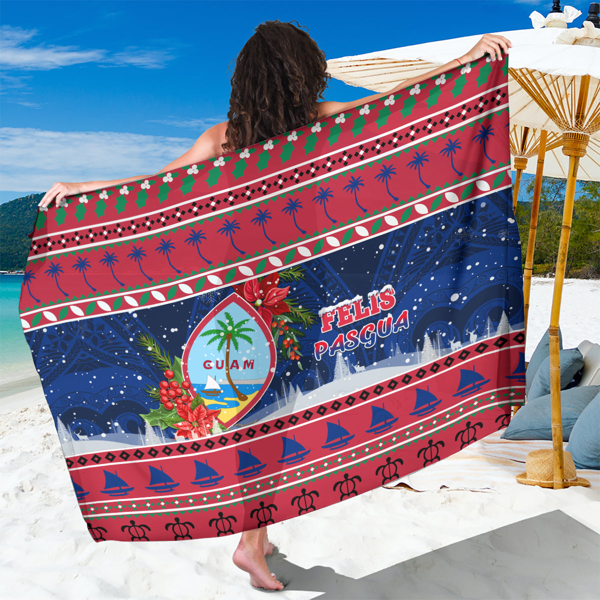 Guam Christmas Sarong Guaman Seal Poinsettia Felis Pasgua LT05 One Size 44 x 66 inches Red - Polynesian Pride