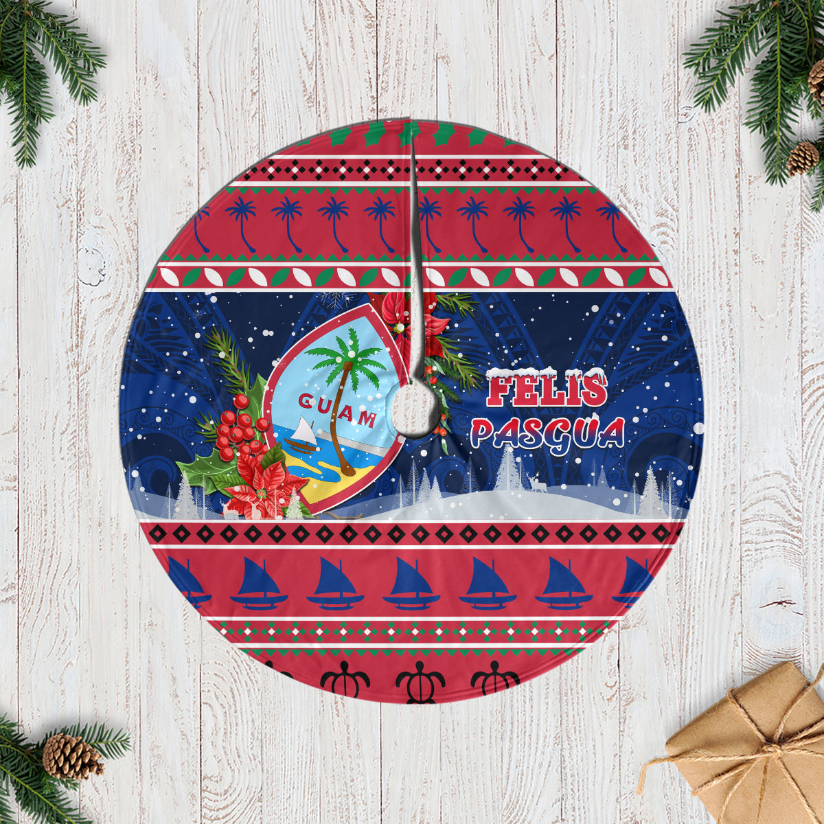 Guam Christmas Tree Skirt Guaman Seal Poinsettia Felis Pasgua LT05 Casual Tree Skirts Red - Polynesian Pride