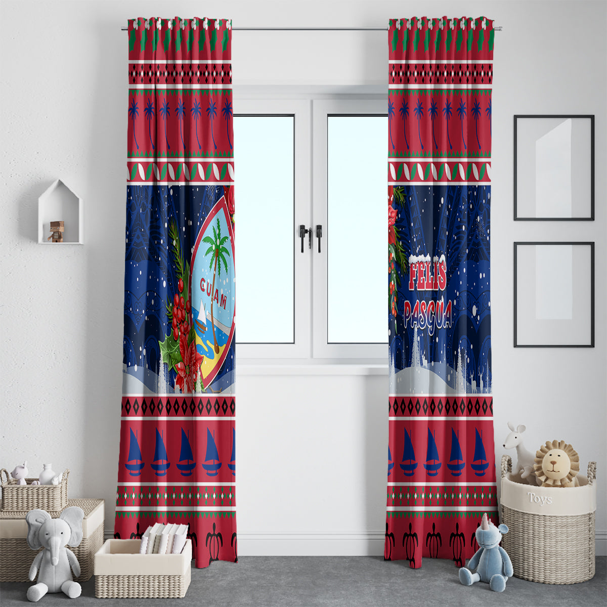 Guam Christmas Window Curtain Guaman Seal Poinsettia Felis Pasgua LT05 - Polynesian Pride
