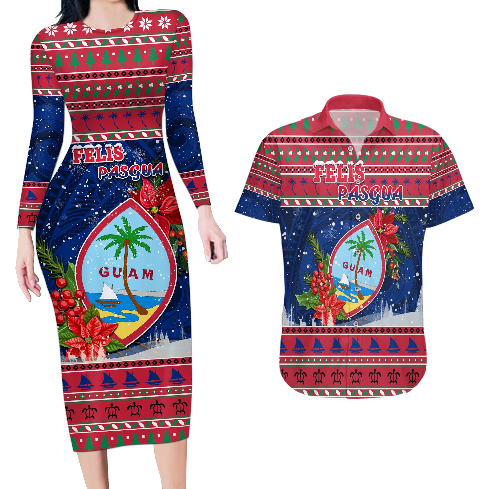 Personalized Guam Christmas Couples Matching Long Sleeve Bodycon Dress and Hawaiian Shirt Guaman Seal Poinsettia Felis Pasgua LT05 Red - Polynesian Pride