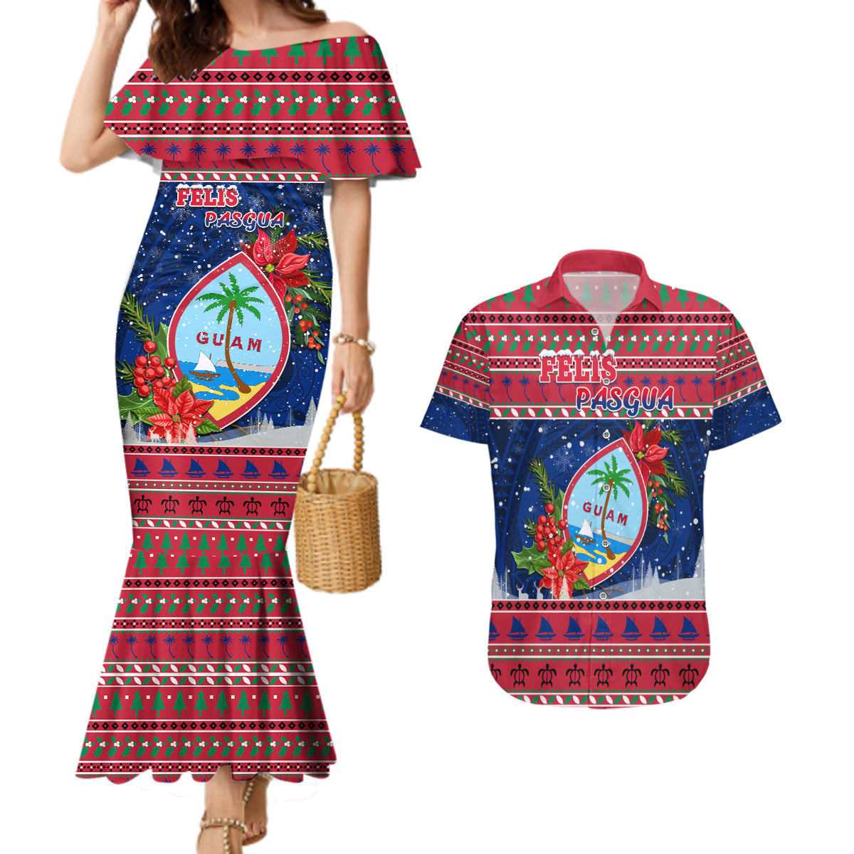 Personalized Guam Christmas Couples Matching Mermaid Dress and Hawaiian Shirt Guaman Seal Poinsettia Felis Pasgua LT05 Red - Polynesian Pride