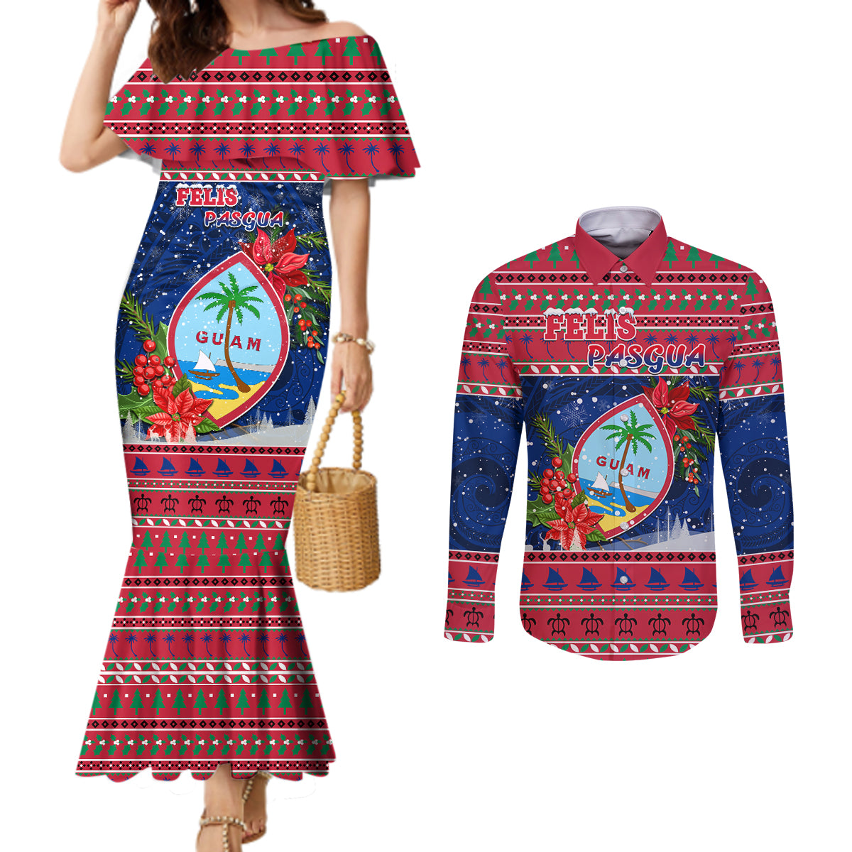 Personalized Guam Christmas Couples Matching Mermaid Dress and Long Sleeve Button Shirts Guaman Seal Poinsettia Felis Pasgua LT05 Red - Polynesian Pride