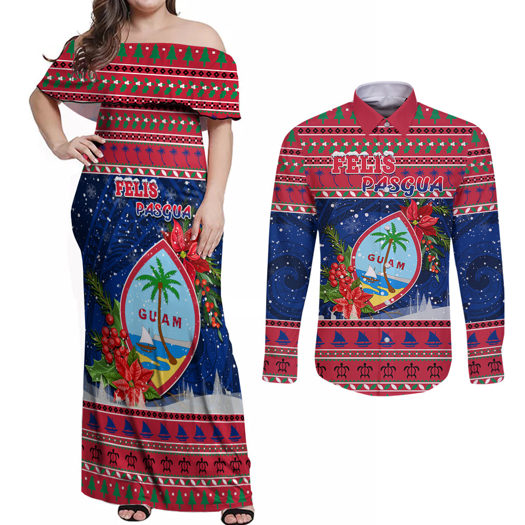 Personalized Guam Christmas Couples Matching Off Shoulder Maxi Dress and Long Sleeve Button Shirts Guaman Seal Poinsettia Felis Pasgua LT05 Red - Polynesian Pride