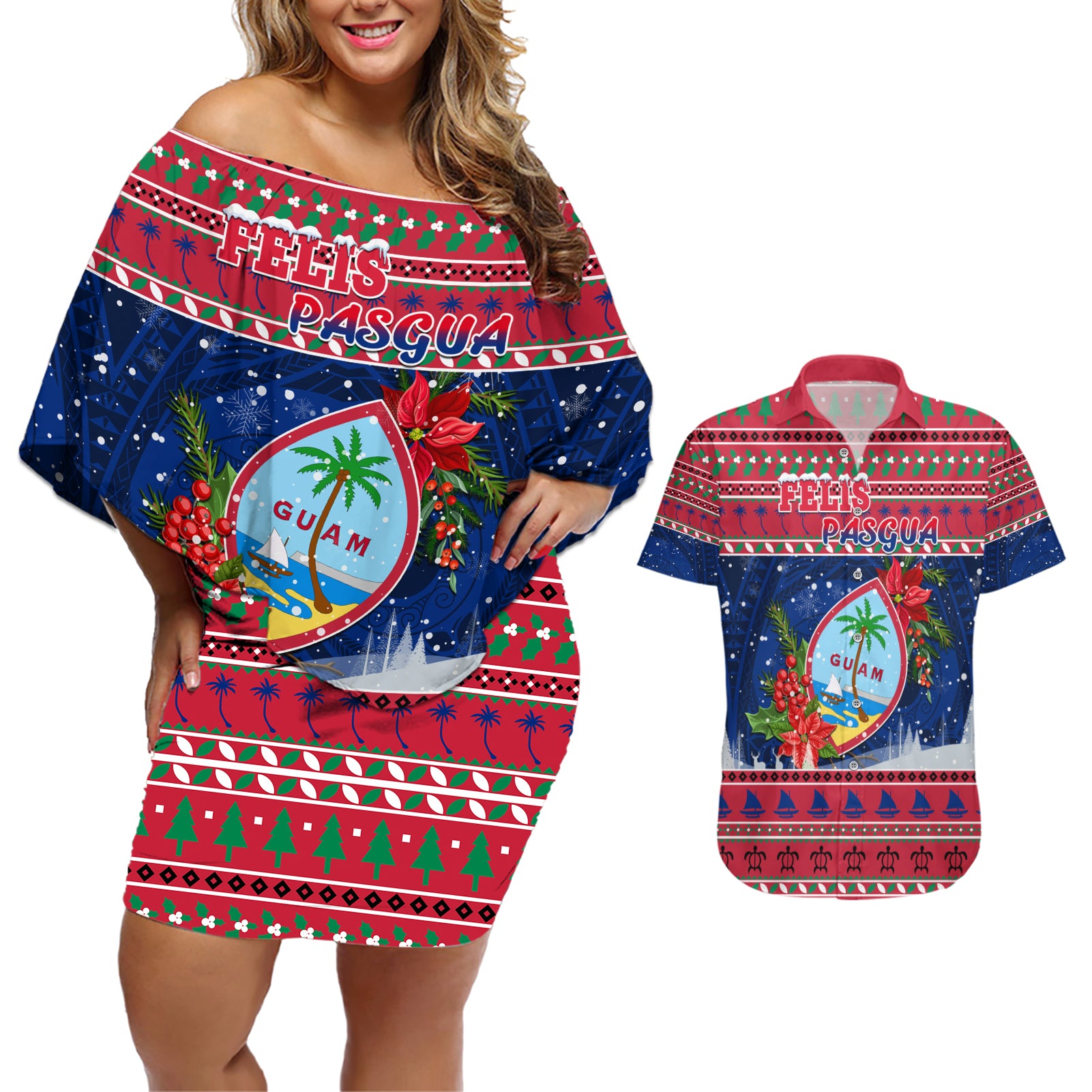 Personalized Guam Christmas Couples Matching Off Shoulder Short Dress and Hawaiian Shirt Guaman Seal Poinsettia Felis Pasgua LT05 Red - Polynesian Pride