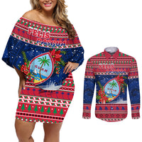 Personalized Guam Christmas Couples Matching Off Shoulder Short Dress and Long Sleeve Button Shirts Guaman Seal Poinsettia Felis Pasgua LT05 Red - Polynesian Pride