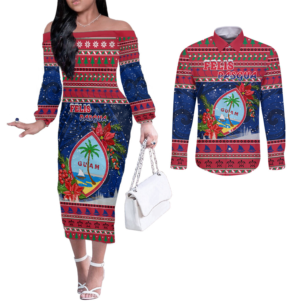 Personalized Guam Christmas Couples Matching Off The Shoulder Long Sleeve Dress and Long Sleeve Button Shirts Guaman Seal Poinsettia Felis Pasgua LT05 Red - Polynesian Pride