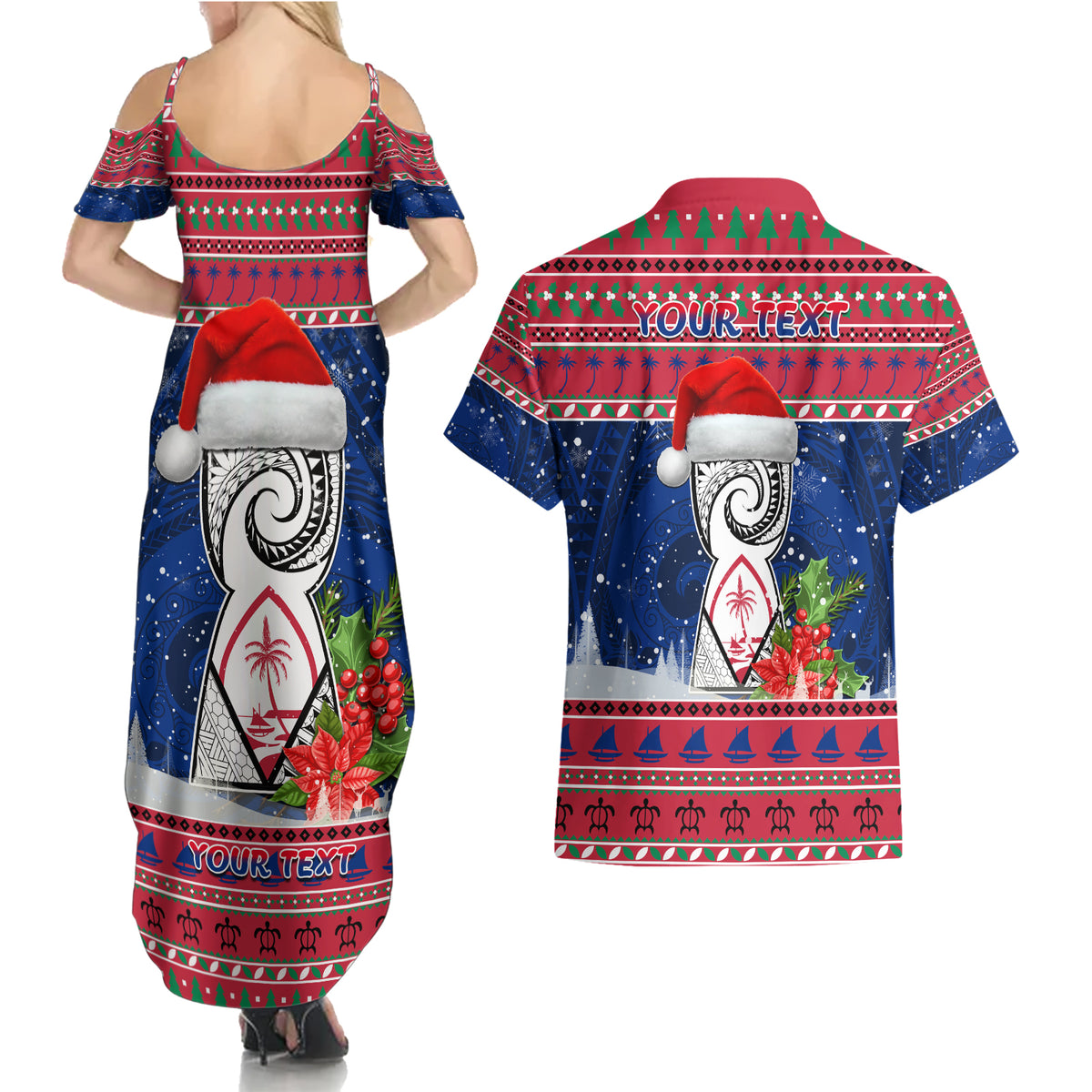 Personalized Guam Christmas Couples Matching Summer Maxi Dress and Hawaiian Shirt Guaman Seal Poinsettia Felis Pasgua LT05 - Polynesian Pride