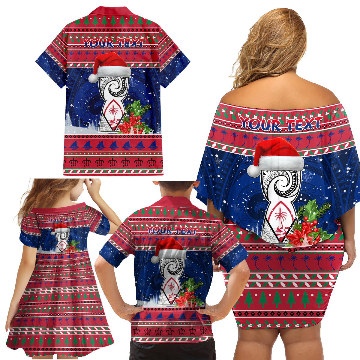 Personalized Guam Christmas Family Matching Off Shoulder Short Dress and Hawaiian Shirt Guaman Seal Poinsettia Felis Pasgua LT05 - Polynesian Pride