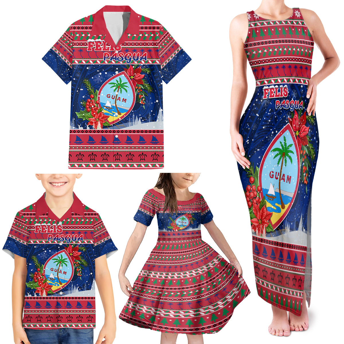 Personalized Guam Christmas Family Matching Tank Maxi Dress and Hawaiian Shirt Guaman Seal Poinsettia Felis Pasgua LT05 - Polynesian Pride