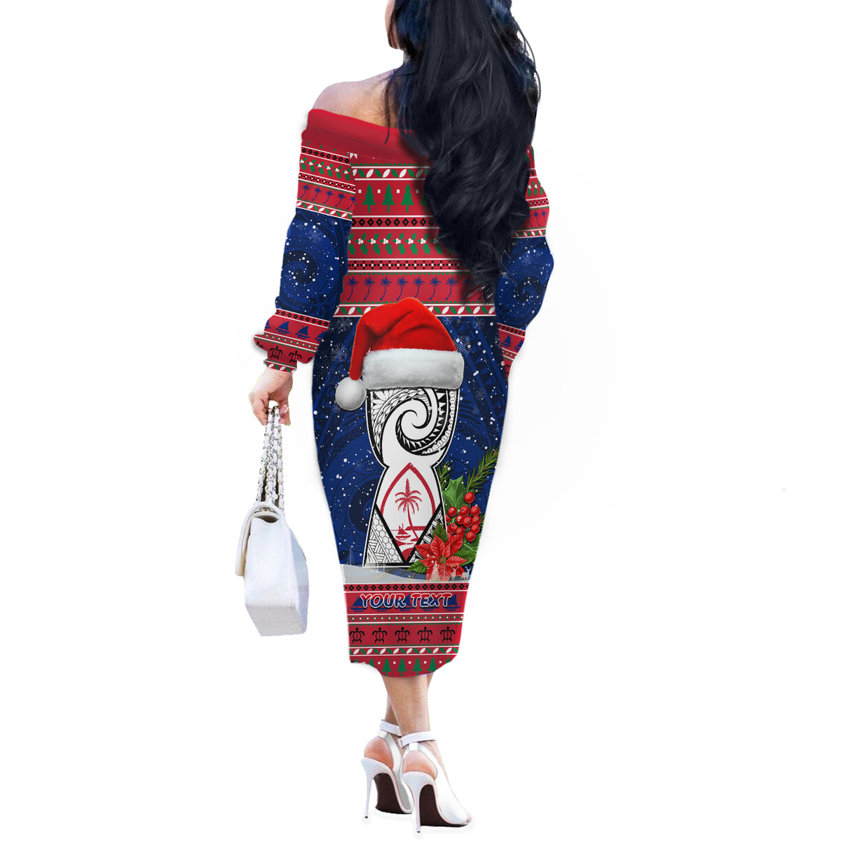 Personalized Guam Christmas Off The Shoulder Long Sleeve Dress Guaman Seal Poinsettia Felis Pasgua LT05 - Polynesian Pride