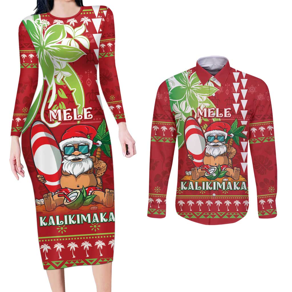 Personalised Hawaii Christmas Couples Matching Long Sleeve Bodycon Dress and Long Sleeve Button Shirt Funny Santa Claus Surf Mele Kalikimaka LT05 Red - Polynesian Pride