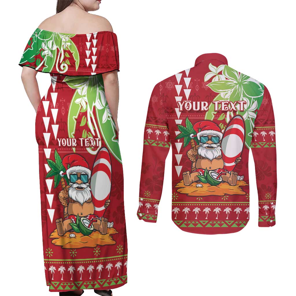 Personalised Hawaii Christmas Couples Matching Off Shoulder Maxi Dress and Long Sleeve Button Shirt Funny Santa Claus Surf Mele Kalikimaka