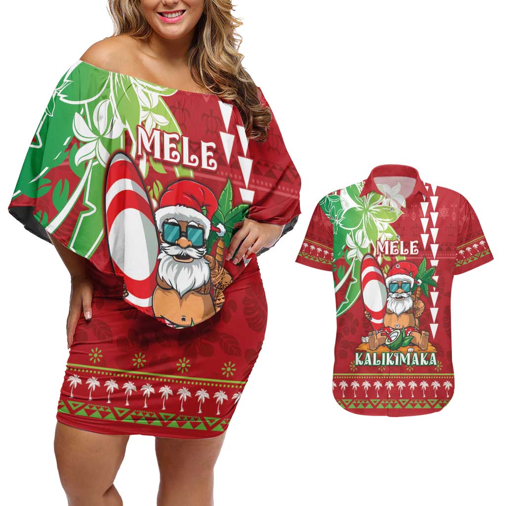 Personalised Hawaii Christmas Couples Matching Off Shoulder Short Dress and Hawaiian Shirt Funny Santa Claus Surf Mele Kalikimaka