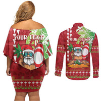 Personalised Hawaii Christmas Couples Matching Off Shoulder Short Dress and Long Sleeve Button Shirt Funny Santa Claus Surf Mele Kalikimaka