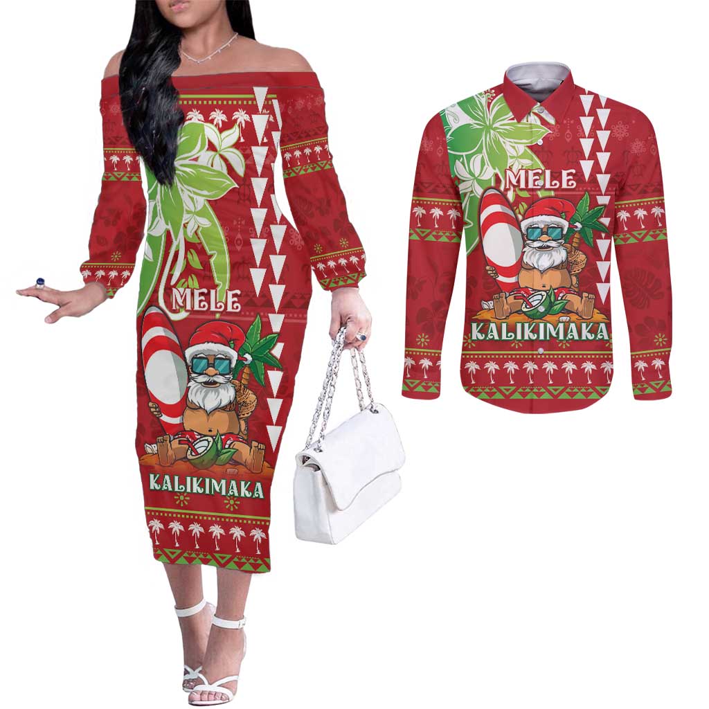 Personalised Hawaii Christmas Couples Matching Off The Shoulder Long Sleeve Dress and Long Sleeve Button Shirt Funny Santa Claus Surf Mele Kalikimaka LT05 Red - Polynesian Pride