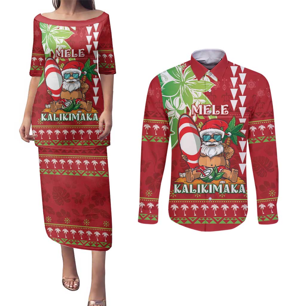 Personalised Hawaii Christmas Couples Matching Puletasi and Long Sleeve Button Shirt Funny Santa Claus Surf Mele Kalikimaka