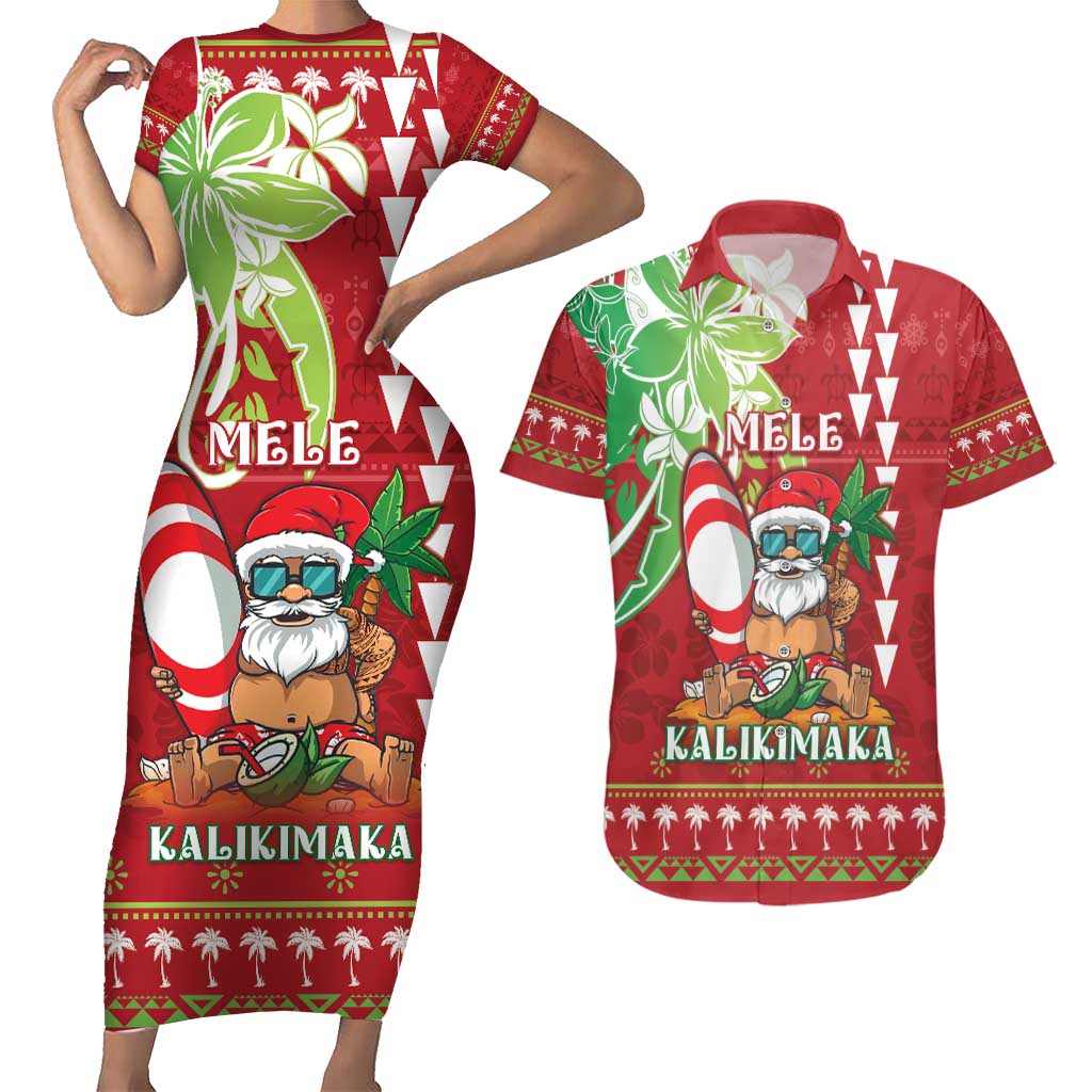 Personalised Hawaii Christmas Couples Matching Short Sleeve Bodycon Dress and Hawaiian Shirt Funny Santa Claus Surf Mele Kalikimaka LT05 Red - Polynesian Pride