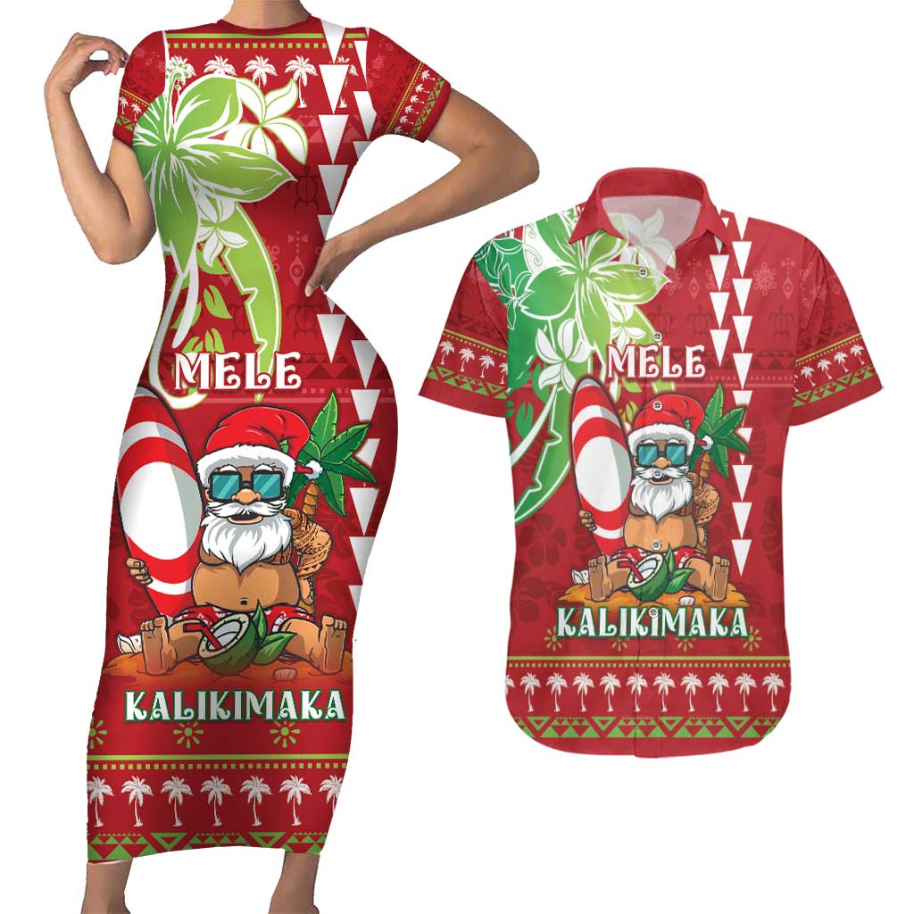 Personalised Hawaii Christmas Couples Matching Short Sleeve Bodycon Dress and Hawaiian Shirt Funny Santa Claus Surf Mele Kalikimaka