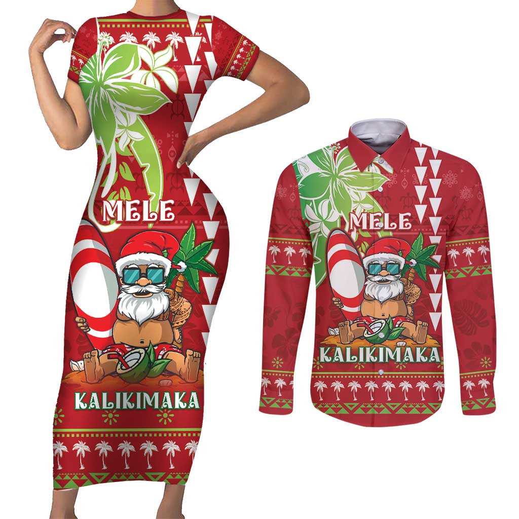 Personalised Hawaii Christmas Couples Matching Short Sleeve Bodycon Dress and Long Sleeve Button Shirt Funny Santa Claus Surf Mele Kalikimaka LT05 Red - Polynesian Pride