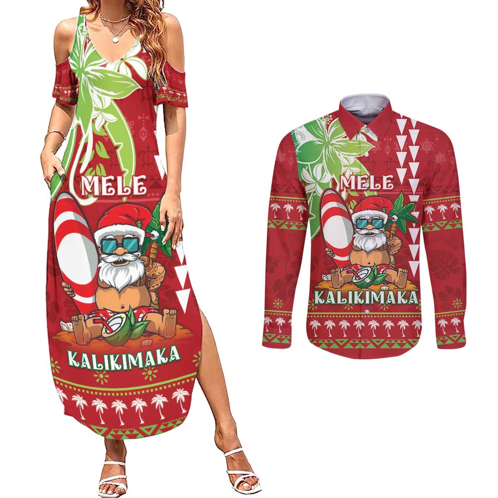Personalised Hawaii Christmas Couples Matching Summer Maxi Dress and Long Sleeve Button Shirt Funny Santa Claus Surf Mele Kalikimaka LT05 Red - Polynesian Pride
