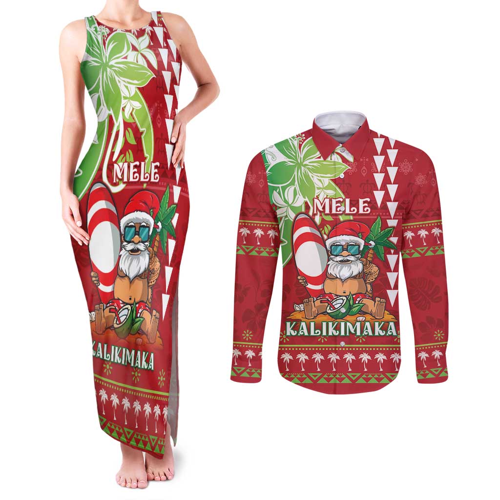 Personalised Hawaii Christmas Couples Matching Tank Maxi Dress and Long Sleeve Button Shirt Funny Santa Claus Surf Mele Kalikimaka