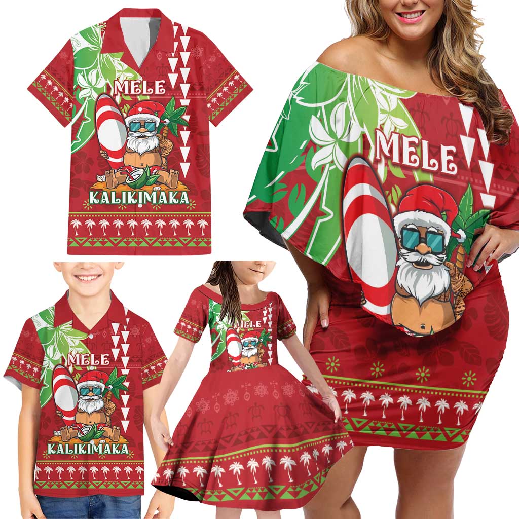 Personalised Hawaii Christmas Family Matching Off Shoulder Short Dress and Hawaiian Shirt Funny Santa Claus Surf Mele Kalikimaka