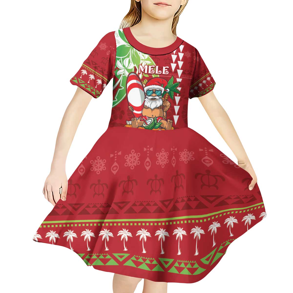 Personalised Hawaii Christmas Kid Short Sleeve Dress Funny Santa Claus Surf Mele Kalikimaka