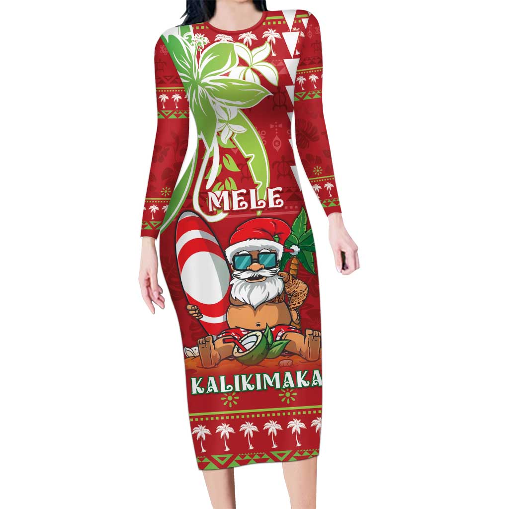 Personalised Hawaii Christmas Long Sleeve Bodycon Dress Funny Santa Claus Surf Mele Kalikimaka