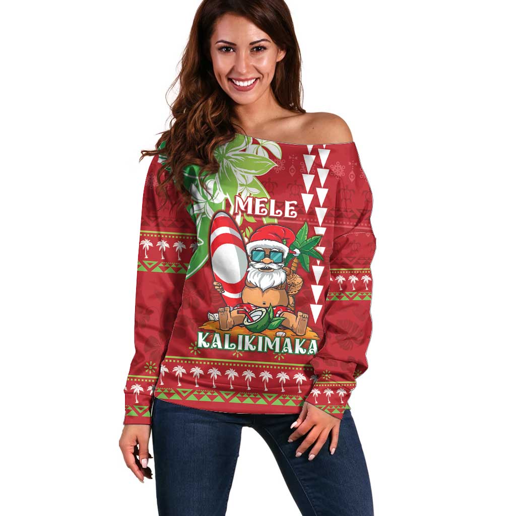 Personalised Hawaii Christmas Off Shoulder Sweater Funny Santa Claus Surf Mele Kalikimaka