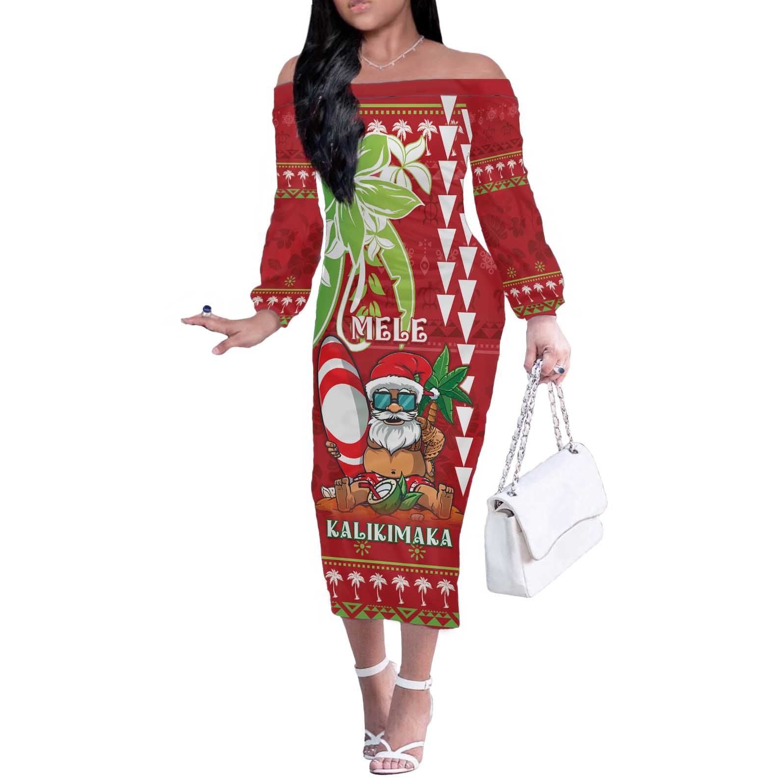 Personalised Hawaii Christmas Off The Shoulder Long Sleeve Dress Funny Santa Claus Surf Mele Kalikimaka