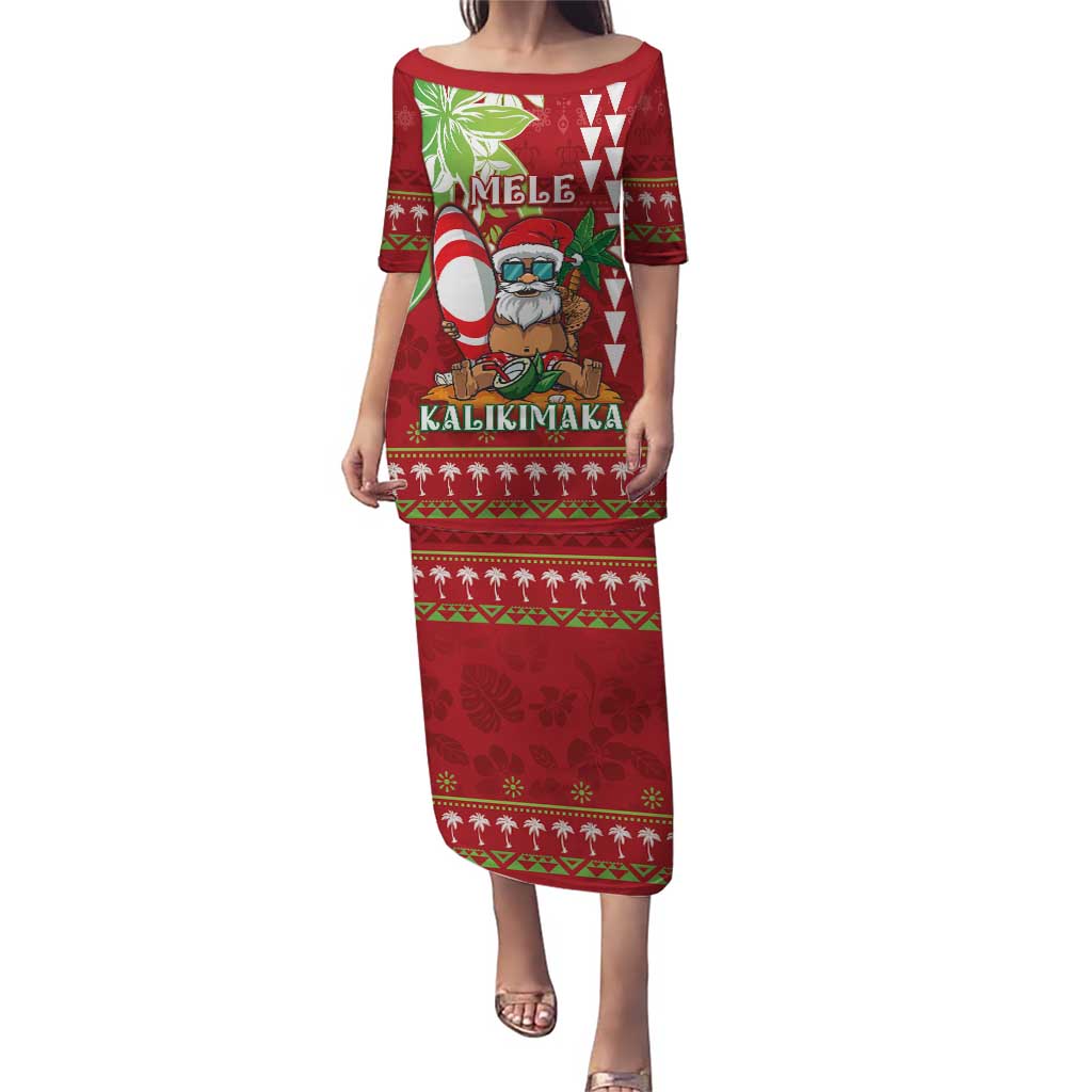 Personalised Hawaii Christmas Puletasi Funny Santa Claus Surf Mele Kalikimaka LT05 Long Dress Red - Polynesian Pride